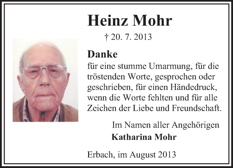  Traueranzeige für Heinz Mohr vom 24.08.2013 aus Odenwälder Echo