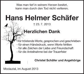 Traueranzeige von Hans Helmer Schäfer von Echo-Zeitungen (Gesamtausgabe)