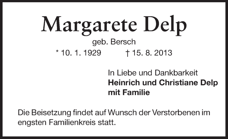  Traueranzeige für Margarete Delp vom 31.08.2013 aus Echo-Zeitungen (Gesamtausgabe)