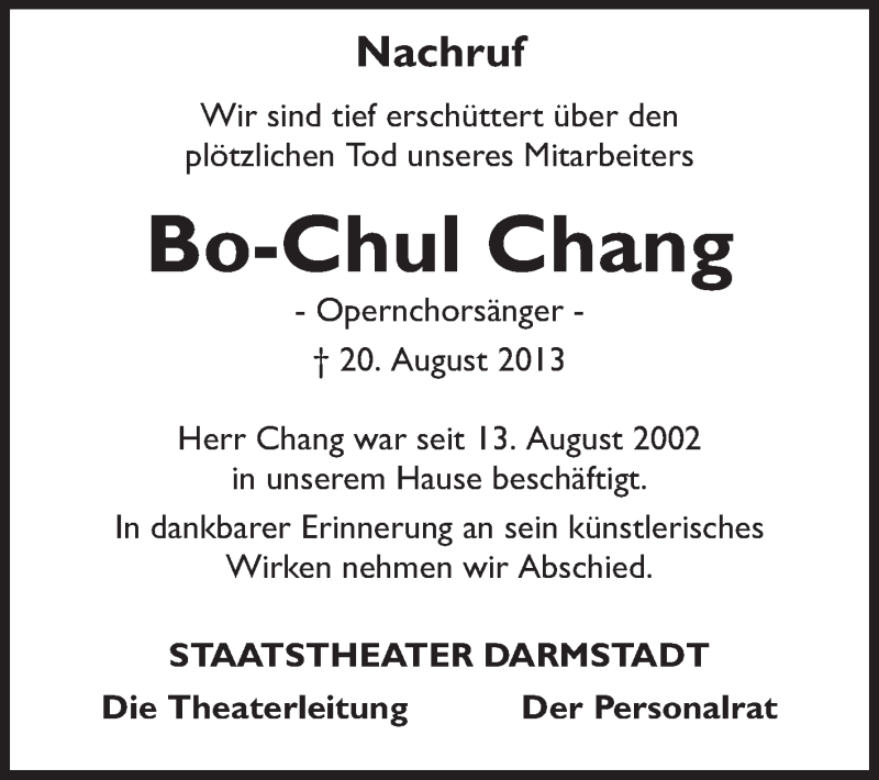  Traueranzeige für Bo-Chul Chang vom 24.08.2013 aus Echo-Zeitungen (Gesamtausgabe)