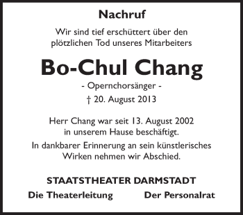 Traueranzeige von Bo-Chul Chang von Echo-Zeitungen (Gesamtausgabe)