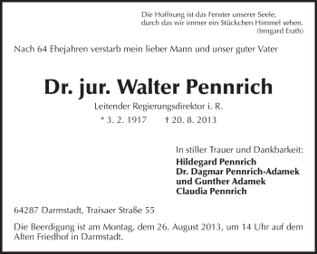 Traueranzeige von Walter Pennrich von Echo-Zeitungen (Gesamtausgabe)