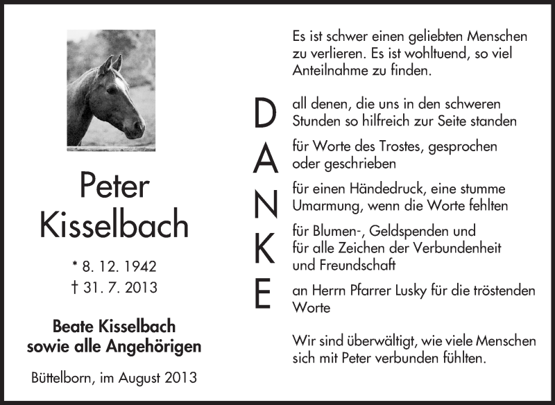  Traueranzeige für Peter Kesselbach vom 31.08.2013 aus Echo-Zeitungen (Gesamtausgabe)