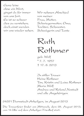 Traueranzeige von Ruth Rothmer von Echo-Zeitungen (Gesamtausgabe)