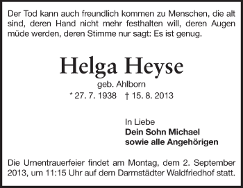 Traueranzeige von Helga Heyse von Echo-Zeitungen (Gesamtausgabe)