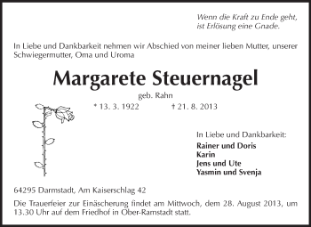 Traueranzeige von Margarete Steuernagel von Echo-Zeitungen (Gesamtausgabe)