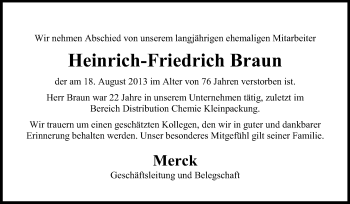 Traueranzeige von Heinrich-Friedrich Braun von Echo-Zeitungen (Gesamtausgabe)