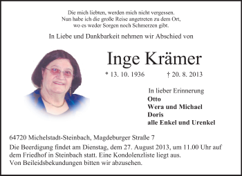 Traueranzeige von Inge Krämer von Odenwälder Echo