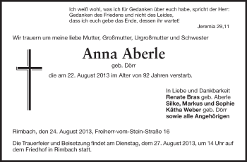 Traueranzeige von Anna Aberle von Starkenburger Echo
