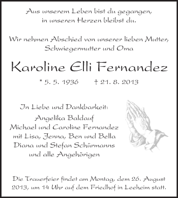 Traueranzeige von Karoline Elli Fernandez von Rüsselsheimer Echo, Groß-Gerauer-Echo, Ried Echo