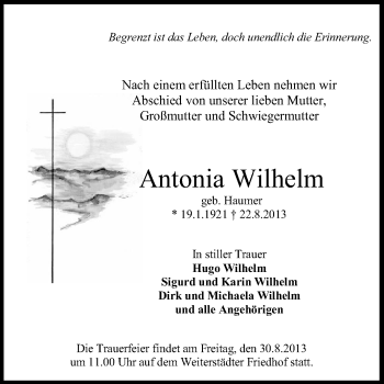 Traueranzeige von Antonia Wilhelm von Echo-Zeitungen (Gesamtausgabe)