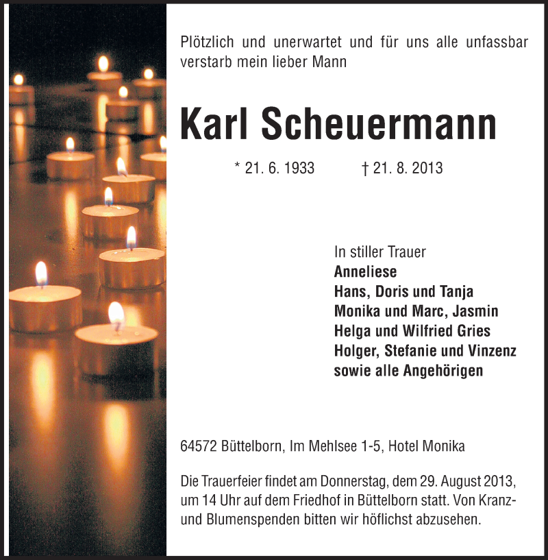  Traueranzeige für Karl Scheuermann vom 27.08.2013 aus Rüsselsheimer Echo, Groß-Gerauer-Echo, Ried Echo