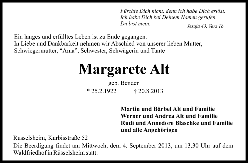  Traueranzeige für Margarete Alt vom 27.08.2013 aus Rüsselsheimer Echo, Groß-Gerauer-Echo, Ried Echo