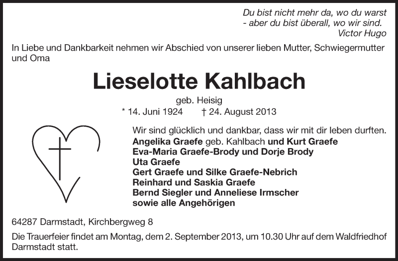  Traueranzeige für Lieselotte Kahlbach vom 28.08.2013 aus Echo-Zeitungen (Gesamtausgabe)