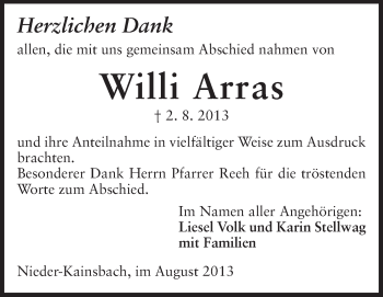 Traueranzeige von Willi Arras von Odenwälder Echo