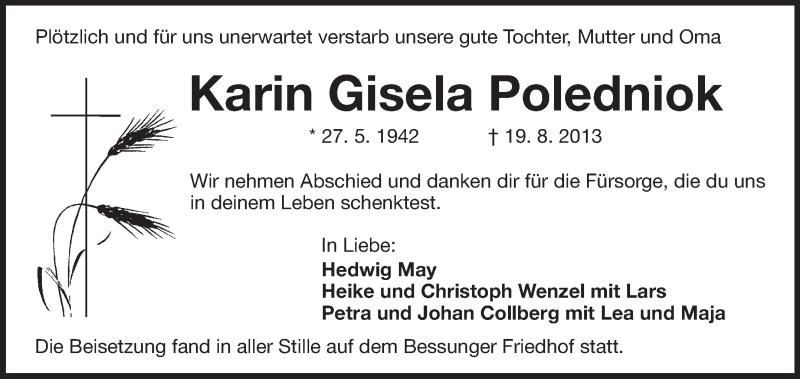  Traueranzeige für Karin Gisela Poledniok vom 31.08.2013 aus Echo-Zeitungen (Gesamtausgabe)