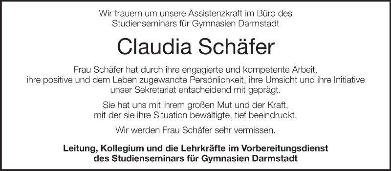  Traueranzeige für Claudia Schäfer vom 28.08.2013 aus Darmstädter Echo, Odenwälder Echo, Rüsselsheimer Echo, Groß-Gerauer-Echo, Ried Echo