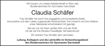 Traueranzeige von Claudia Schäfer von Darmstädter Echo, Odenwälder Echo, Rüsselsheimer Echo, Groß-Gerauer-Echo, Ried Echo