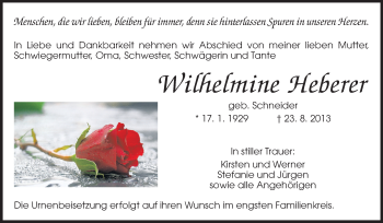 Traueranzeige von Wilhelmine Heberer von Darmstädter Echo, Odenwälder Echo, Rüsselsheimer Echo, Groß-Gerauer-Echo, Ried Echo