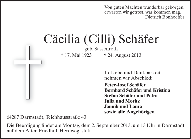  Traueranzeige für Cäcilia Schäfer vom 28.08.2013 aus Echo-Zeitungen (Gesamtausgabe)
