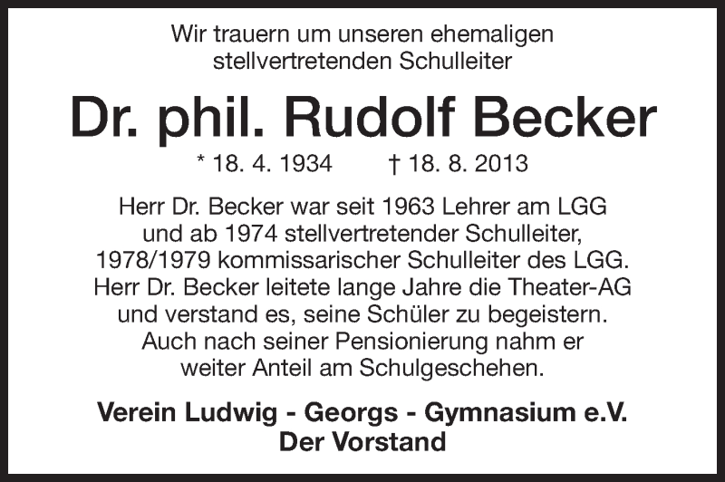  Traueranzeige für Rudolf Becker vom 28.08.2013 aus Echo-Zeitungen (Gesamtausgabe)