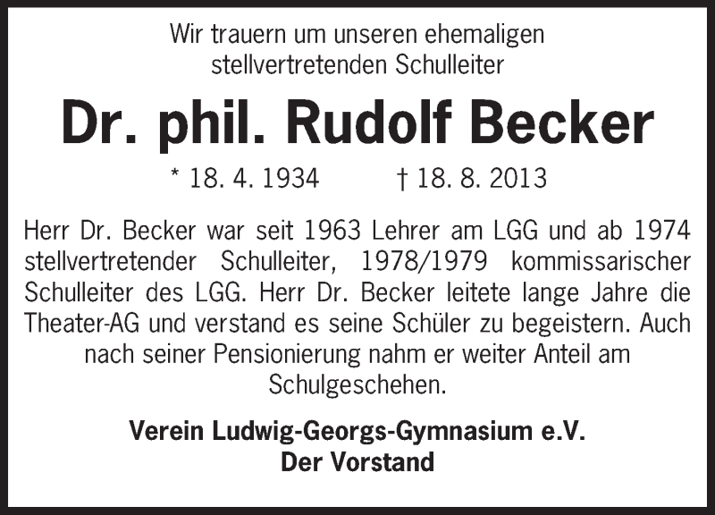  Traueranzeige für Rudolf Becker vom 28.08.2013 aus Echo-Zeitungen (Gesamtausgabe)