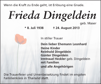 Traueranzeige von Frieda Dingeldein von Odenwälder Echo