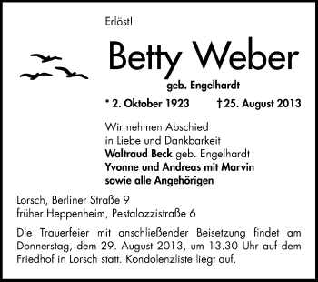 Traueranzeige von Betty Weber von Starkenburger Echo