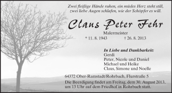 Traueranzeige von Claus Peter Fehr von Echo-Zeitungen (Gesamtausgabe)