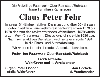 Traueranzeige von Claus Peter Fehr von Echo-Zeitungen (Gesamtausgabe)