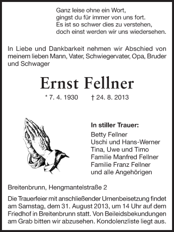 Traueranzeige von Ernst Fellner von Odenwälder Echo