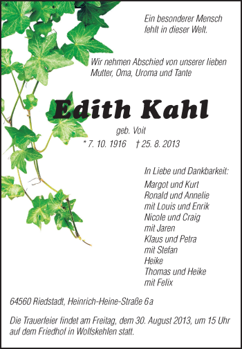 Traueranzeige von Edith Kahl von Rüsselsheimer Echo, Groß-Gerauer-Echo, Ried Echo