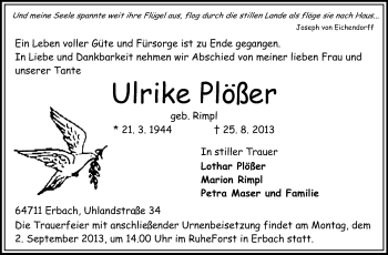 Traueranzeige von Ulrike Plößer von Odenwälder Echo