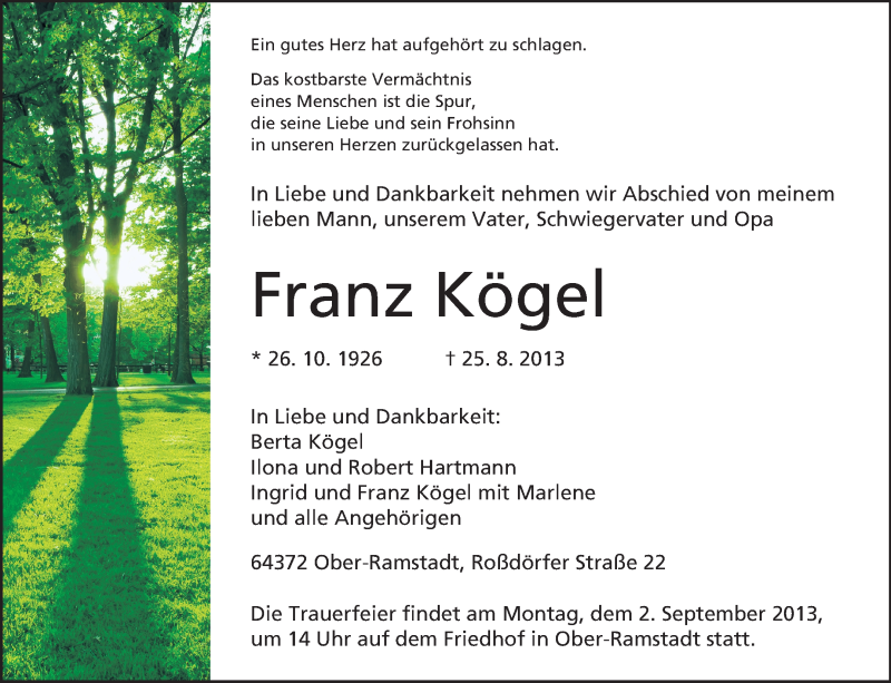  Traueranzeige für Franz Kögel vom 28.08.2013 aus Echo-Zeitungen (Gesamtausgabe)