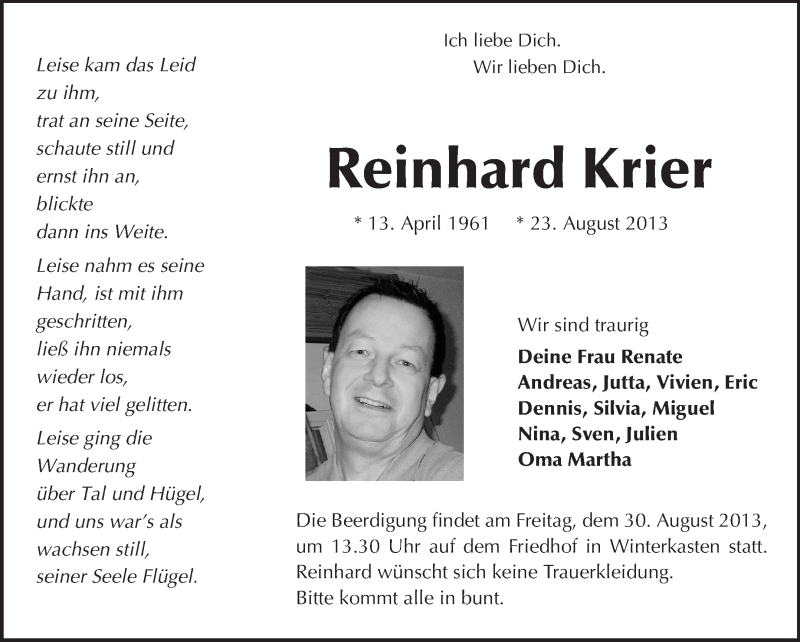  Traueranzeige für Reinhard Krier vom 28.08.2013 aus Echo-Zeitungen (Gesamtausgabe)
