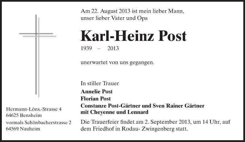  Traueranzeige für Karl-Heiz Post vom 30.08.2013 aus Rüsselsheimer Echo, Groß-Gerauer-Echo, Ried Echo
