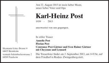 Traueranzeige von Karl-Heiz Post von Rüsselsheimer Echo, Groß-Gerauer-Echo, Ried Echo