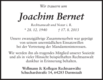 Traueranzeige von Joachim Bernet von Echo-Zeitungen (Gesamtausgabe)