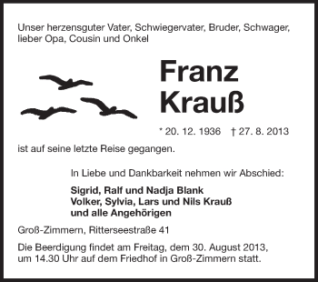 Traueranzeige von Franz Krauß von Echo-Zeitungen (Gesamtausgabe)