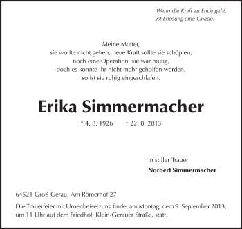 Traueranzeige von Erika Simmermacher von Rüsselsheimer Echo, Groß-Gerauer-Echo, Ried Echo
