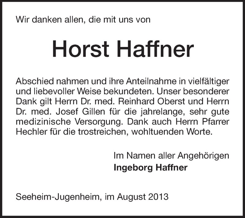  Traueranzeige für Horst Haffner vom 31.08.2013 aus Echo-Zeitungen (Gesamtausgabe)