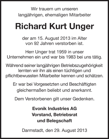 Traueranzeige von Richard Kurt Unger von Echo-Zeitungen (Gesamtausgabe)