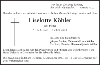 Traueranzeige von Liselotte Köbler von Echo-Zeitungen (Gesamtausgabe)