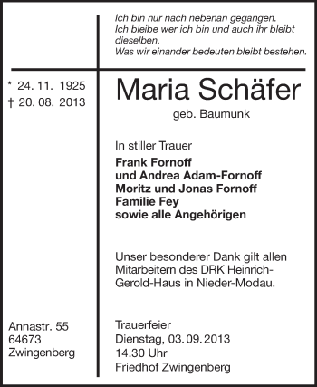 Traueranzeige von Maria Schäfer von Echo-Zeitungen (Gesamtausgabe)