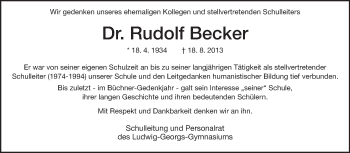 Traueranzeige von Rudolf Becker von Echo-Zeitungen (Gesamtausgabe)