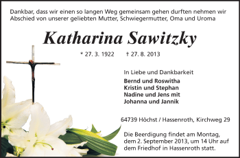 Traueranzeige von Katharina Sawitzky von Echo-Zeitungen (Gesamtausgabe)