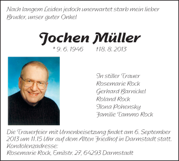 Traueranzeige von Jochen Müller von Echo-Zeitungen (Gesamtausgabe)