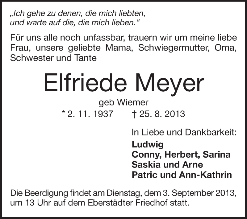  Traueranzeige für Elfriede Meyer vom 30.08.2013 aus Echo-Zeitungen (Gesamtausgabe)