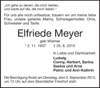 Traueranzeige von Elfriede Meyer von Echo-Zeitungen (Gesamtausgabe)