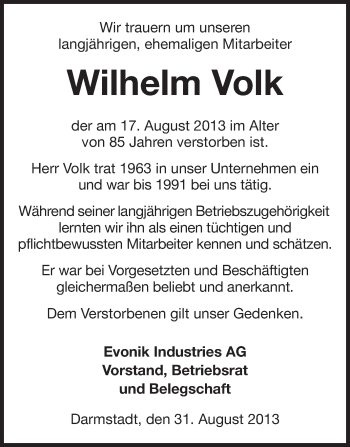Traueranzeige von Wilhelm Volk von Echo-Zeitungen (Gesamtausgabe)